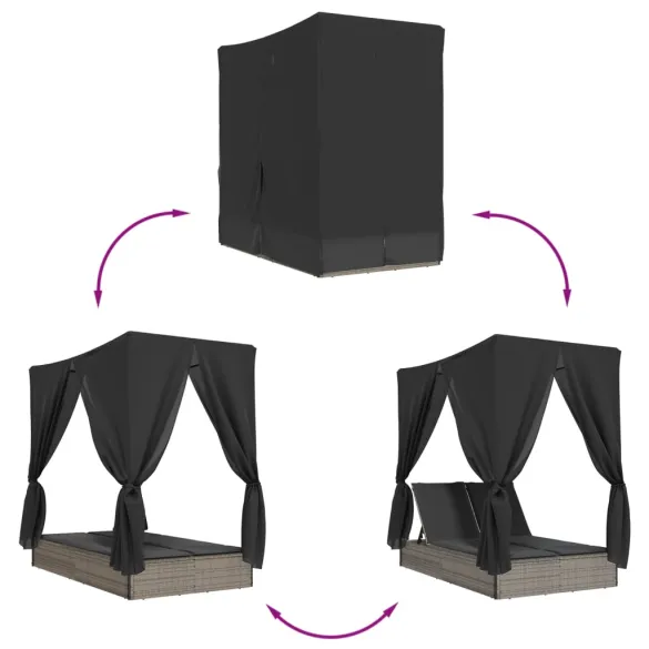 Șezlong Dublu cu Acoperiș și Perdele - Gri - Poliratan