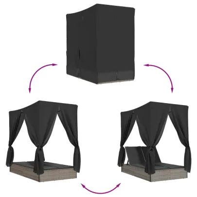 Șezlong Dublu cu Acoperiș și Perdele - Gri - Poliratan