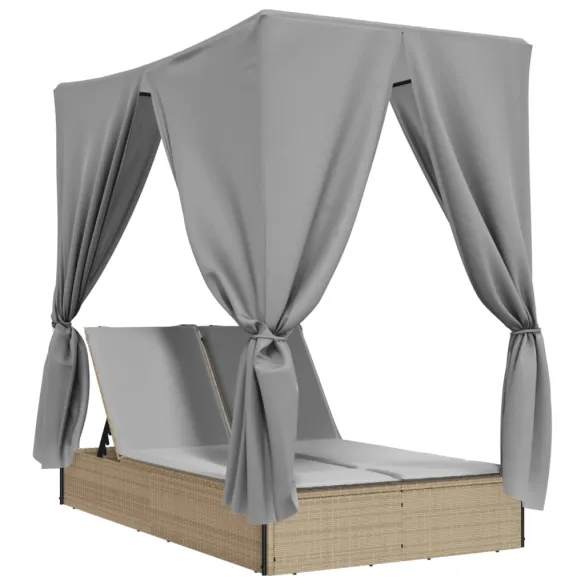 Șezlong Dublu cu Acoperiș și Perdele Bej - Poliratan