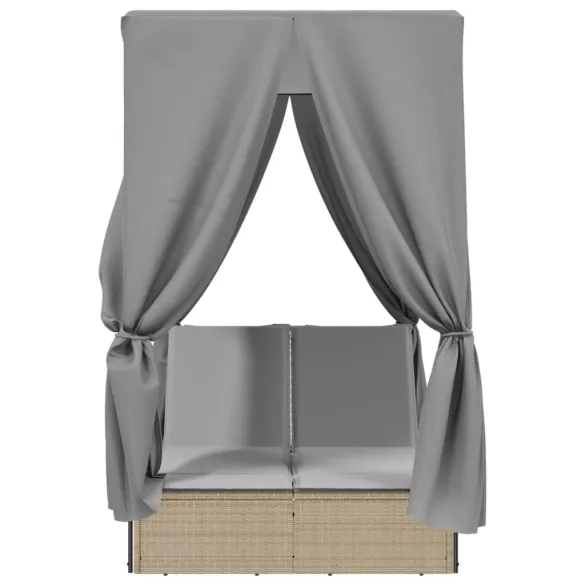 Șezlong Dublu cu Acoperiș și Perdele Bej - Poliratan