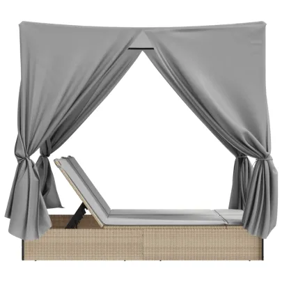 Șezlong Dublu cu Acoperiș și Perdele Bej - Poliratan