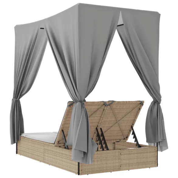 Șezlong Dublu cu Acoperiș și Perdele Bej - Poliratan
