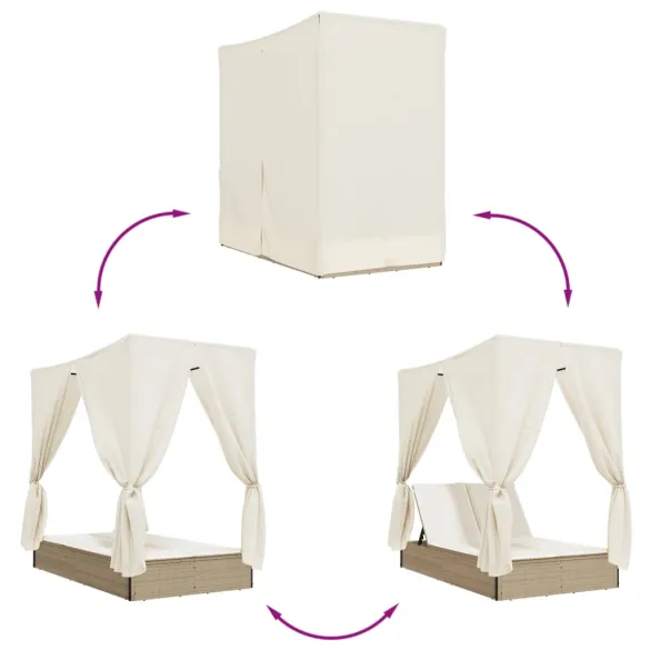 Șezlong Dublu cu Acoperiș și Perdele - Bej - Poliratan