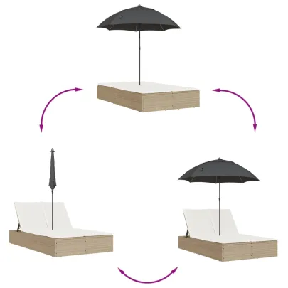 Șezlong Dublu cu Umbrelă - Poliratan Rezistent - Bej
