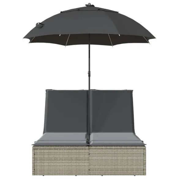 Șezlong Dublu cu Umbrelă - Poliratan Gri - Livrare Gratuită