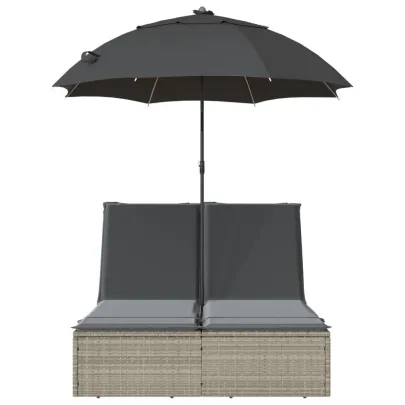 Șezlong Dublu cu Umbrelă - Poliratan Gri - Livrare Gratuită