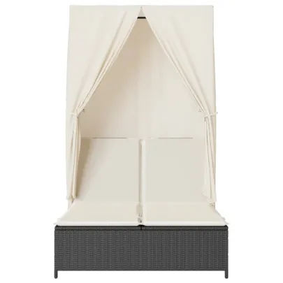 Șezlong Dublu cu Acoperiș și Perdele - Negru - Poliratan