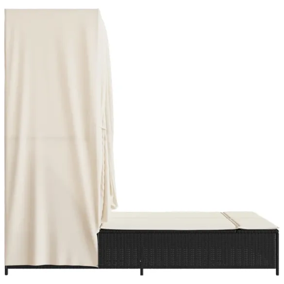 Șezlong Dublu cu Acoperiș și Perdele - Negru - Poliratan