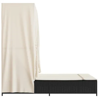 Șezlong Dublu cu Acoperiș și Perdele - Negru - Poliratan