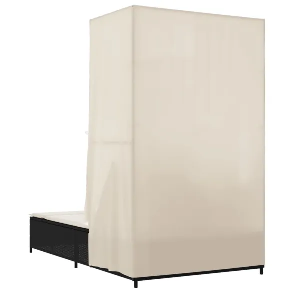 Șezlong Dublu cu Acoperiș și Perdele - Negru - Poliratan