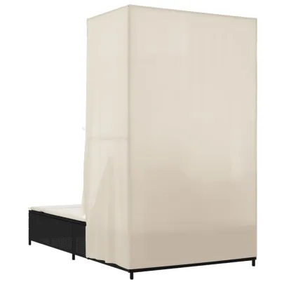 Șezlong Dublu cu Acoperiș și Perdele - Negru - Poliratan