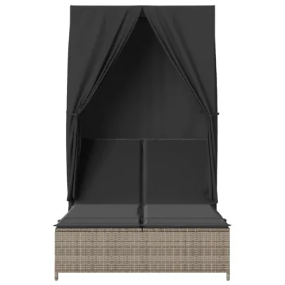 Șezlong Dublu cu Acoperiș și Perdele - Gri - Poliratan