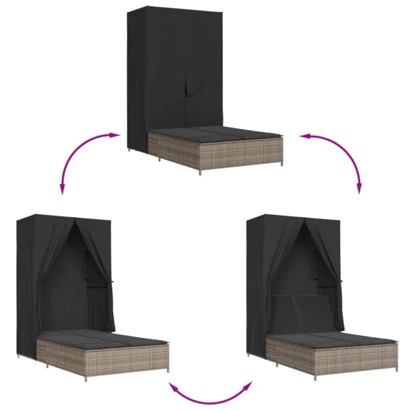Șezlong Dublu cu Acoperiș și Perdele - Gri - Poliratan