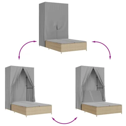 Șezlong Dublu cu Acoperiș și Perdele - Bej - Poliratan