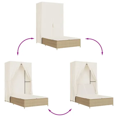 Șezlong Dublu cu Acoperiș și Perdele - Bej - Poliratan