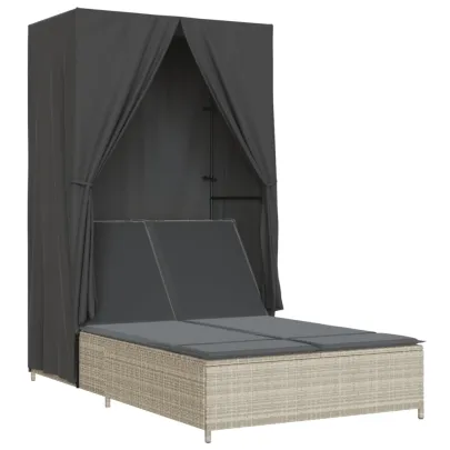 Șezlong Dublu cu Acoperiș și Perdele - Poliratan Gri Deschis