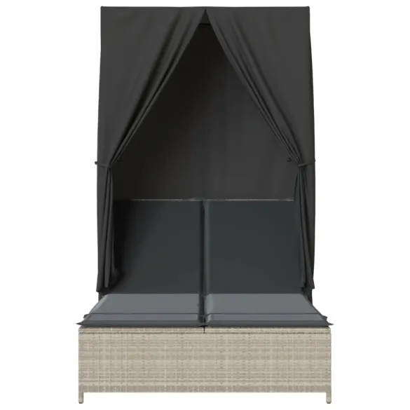 Șezlong Dublu cu Acoperiș și Perdele - Poliratan Gri Deschis
