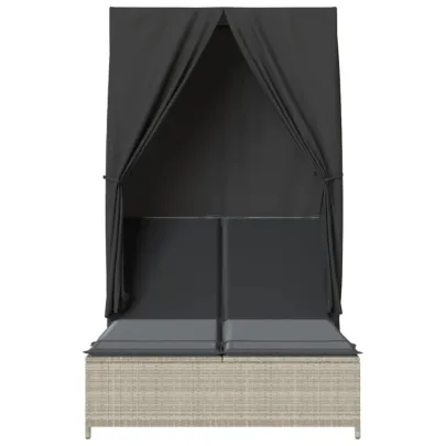 Șezlong Dublu cu Acoperiș și Perdele - Poliratan Gri Deschis