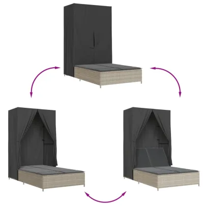Șezlong Dublu cu Acoperiș și Perdele - Poliratan Gri Deschis