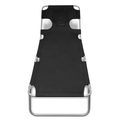 Șezlong Pliabil cu Pernă și Spătar Reglabil - Negru