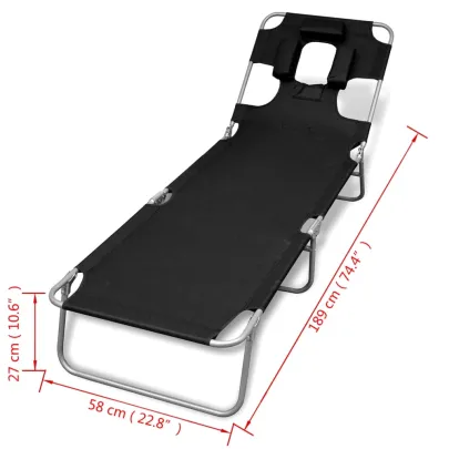Șezlong Pliabil cu Pernă și Spătar Reglabil - Negru