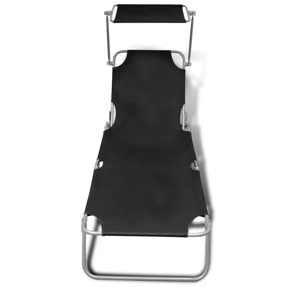 Șezlong Pliabil cu Baldachin Negru - Metal și Țesătură
