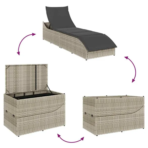 Şezlong Pliabil cu Depozitare - Poliratan Gri Deschis