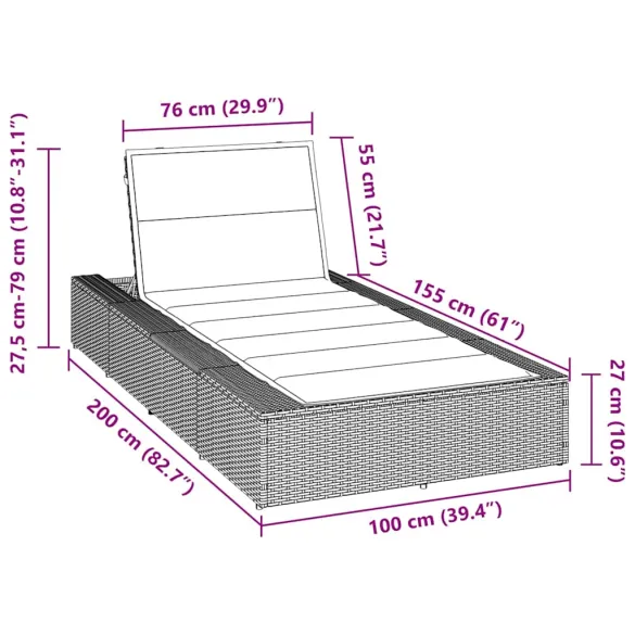 Sezlong Rattan Negru cu Pernă - Comandă cu Livrare Gratuită