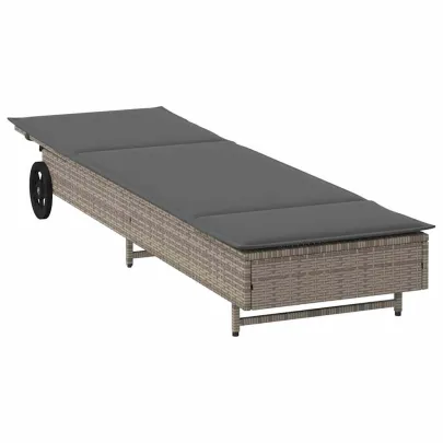 Șezlong cu Rati și Pernă - Gri - Poliratan | Livrare Gratuită