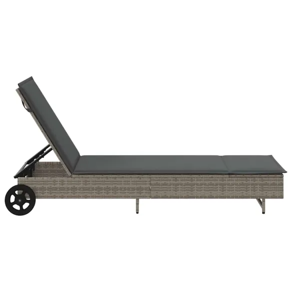 Șezlong cu Rati și Pernă - Gri - Poliratan | Livrare Gratuită