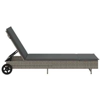 Șezlong cu Rati și Pernă - Gri - Poliratan | Livrare Gratuită