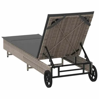 Șezlong cu Rati și Pernă - Gri - Poliratan | Livrare Gratuită