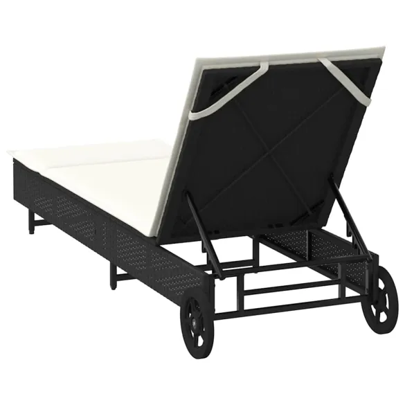 Șezlong Exterior cu Roti și Pernă - Negru Poliratan