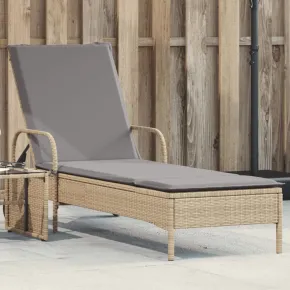Șezlong Exterior cu Roți și Pernă - Bej, Poliratan | Livrare Gratuită