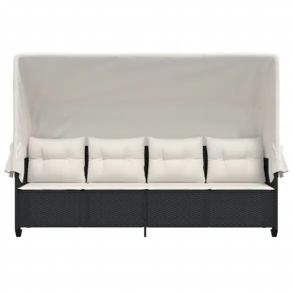 Șezlong cu Baldachin - Negru, Poliratan - Livrare Gratuită