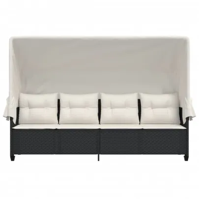 Șezlong cu Baldachin - Negru, Poliratan - Livrare Gratuită