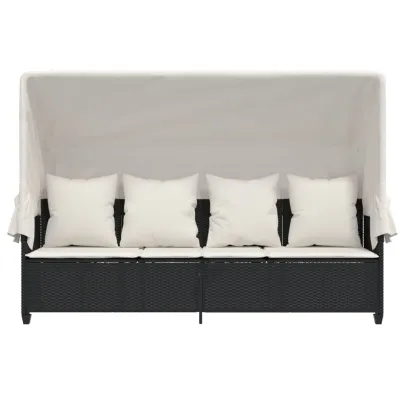 Șezlong cu Baldachin Negru - Poliratan | Livrare Gratuită