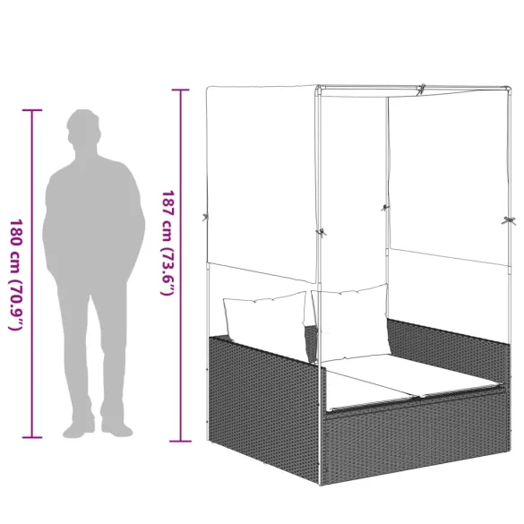 Șezlong Dublu cu Acoperiș și Perdele - Gri Deschis - Poliratan