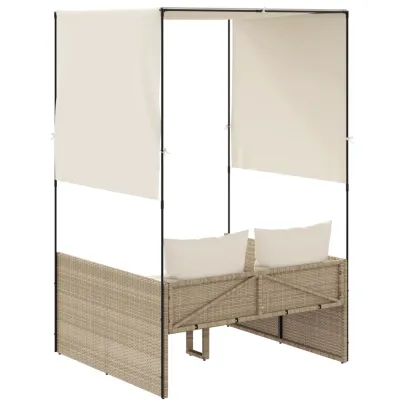 Șezlong Dublu cu Acoperiș și Perdele - Bej - Poliratan