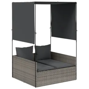 Șezlong Dublu cu Acoperiș și Perdele - Poliratan Gri 2