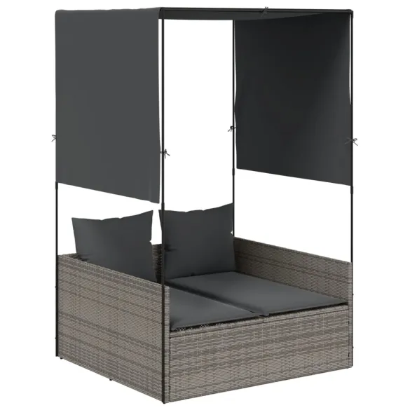 Șezlong Dublu cu Acoperiș și Perdele - Poliratan Gri