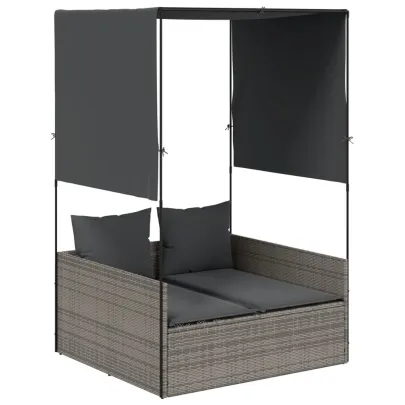 Șezlong Dublu cu Acoperiș și Perdele - Poliratan Gri