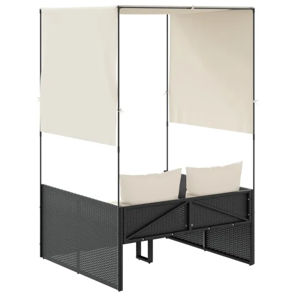 Șezlong Dublu cu Acoperiș și Perdele - Negru - Poliratan