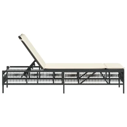 Șezlong cu Pernă - Negru, Poliratan - Livrare Gratuită