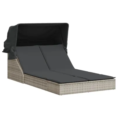 Șezlong Dublu cu Baldachin - Gri Deschis - Poliratan