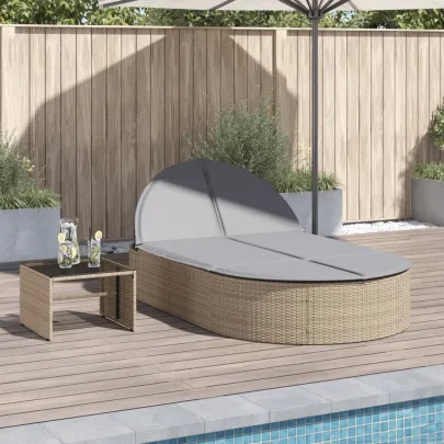 Șezlong Dublu cu Pernă Bej, Poliratan | Livrare Gratuită