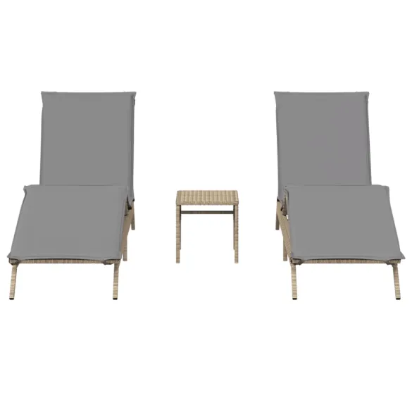 Șezlonguri Plajă cu Masă - Set 2 Buc - Bej - Poliratan