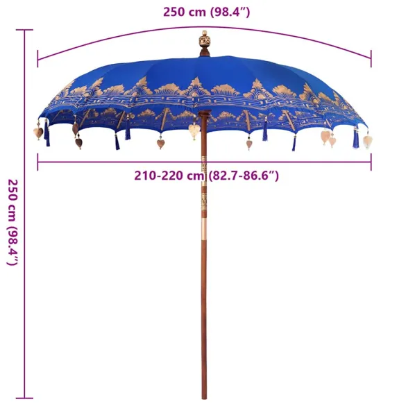 Umbrelă Balineză Albastră 250 cm - Bumbac și Lemn Natural