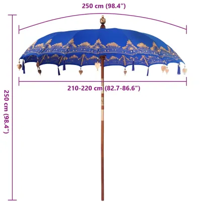 Umbrelă Balineză Albastră 250 cm - Bumbac și Lemn Natural