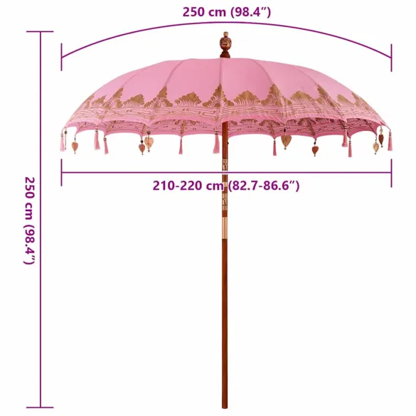 Umbrelă Balineză Roz 260 cm - Bumbac și Lemn Masiv